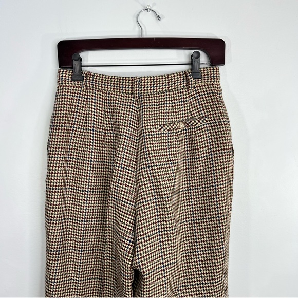 Vtg 80s 90s pure wool tan houndstooth check tan old money academia trousers 10P - Picture 6 of 17